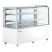 An Avantco white refrigerated bakery display case with curved glass doors on wheels.