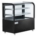 An Avantco black curved glass dry bakery display case on wheels.
