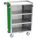 A green and stainless steel Lakeside utility cart with four shelves on wheels.