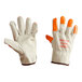 A pair of Cordova warehouse gloves with orange and white leather and orange text on the fingertips.