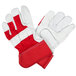 A pair of red Cordova work gloves with white leather palms.