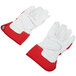 A pair of Cordova red canvas work gloves with goatskin leather palms and rubber cuffs.