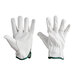 A pair of gray leather gloves with white trim on a white background.