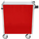 A red and silver Lakeside utility cart with wheels.