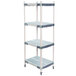 A white and grey MetroMax i polymer shelving unit with three tiers on wheels.