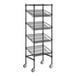 A black Regency wire shelving unit with angled shelves on wheels.