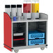 A red and gray Lakeside full-service hydration cart with containers on shelves.