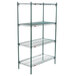 A Metroseal 3 green metal wire shelving unit with four shelves.