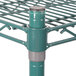 A Metroseal 3 wire stationary shelving unit with metal rods and green shelves.