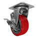 A red Channel CPS25U polyurethane swivel plate caster with a metal wheel and red brake.