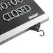 A black and white Headline Sign business hours sign with a silver hook.