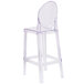 A clear plastic bar stool with an oval back.
