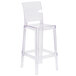 A clear plastic bar stool with a square back.