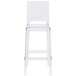 A clear plastic bar height stool with a square back.