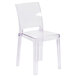A clear plastic Flash Furniture outdoor chair with a square back.