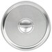 A close-up of a Vollrath stainless steel stock pot lid with a metal handle.