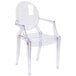 A Flash Furniture clear plastic outdoor chair with armrests.
