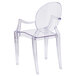 A Flash Furniture clear plastic chair with arms and an oval back.