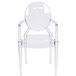 A clear plastic Flash Furniture stackable chair with arms.
