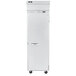 A white Beverage-Air reach-in refrigerator with a stainless steel door on wheels.