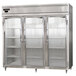 A Continental stainless steel reach-in refrigerator with three glass doors.
