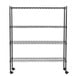 A black wire shelving unit with casters.