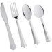 A Visions silver plastic cutlery set with soup spoons, forks, and knives on a white background.