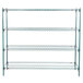 A green Metroseal wire shelving unit with three shelves and a rectangular frame.