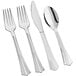 A Visions silver plastic cutlery set with extra forks, spoons, and knives.