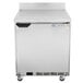 A silver stainless steel Beverage-Air worktop refrigerator with a black handle on wheels.