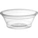 A clear plastic souffle cup with a clear rim.