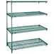 A green Metro Super Erecta wire shelving add on unit with three shelves.