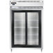 A Continental 52" reach-in refrigerator with shallow depth and double sliding glass doors.