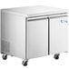 An Avantco stainless steel undercounter refrigerator with two doors on wheels.