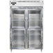 A Continental shallow depth reach-in freezer with double glass doors on a stainless steel cabinet.