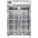 A Continental shallow depth reach-in freezer with double glass doors.