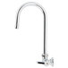 A chrome Equip by T&S wall mounted faucet with a gooseneck spout and lever handle.