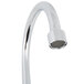 A T&S chrome deck-mounted faucet with a gooseneck spout and wrist handle.