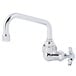 A T&S chrome wall mount faucet with 4-arm handle and swing spout.