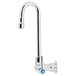 A silver T&S wall mount faucet with a blue circle on the handle.