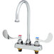 A chrome T&S deck-mounted workboard faucet with two gooseneck spouts and wrist action handles.