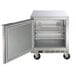 A stainless steel Beverage-Air undercounter freezer with a left hinged door open.