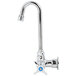 A chrome T&S wall mounted faucet with a 4-arm handle and gooseneck spout.