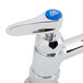 A T&S chrome deck-mounted faucet with lever handles and a blue button.