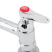 A T&S chrome deck-mounted faucet with lever handles and a red button on top.