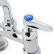 A chrome T&S deck-mounted faucet with lever handles and blue accents.