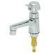 A T&S chrome metering faucet with a pivot action single handle.
