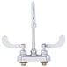 A T&S chrome deck-mounted faucet with two gooseneck spouts and wrist handles.