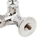 A chrome plated T&S wall mounted single hole faucet with a nut.