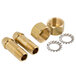 Brass threaded pipe fittings and nuts on a white background.